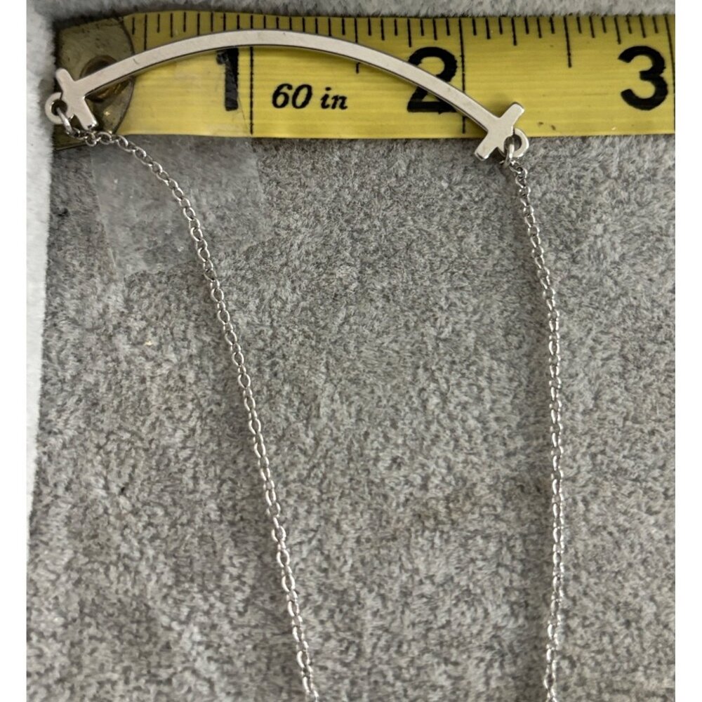 Minimalist Silver Tone Curved Bar Necklace With Cross Accents & Lobster Clasp - Picture 5 of 5